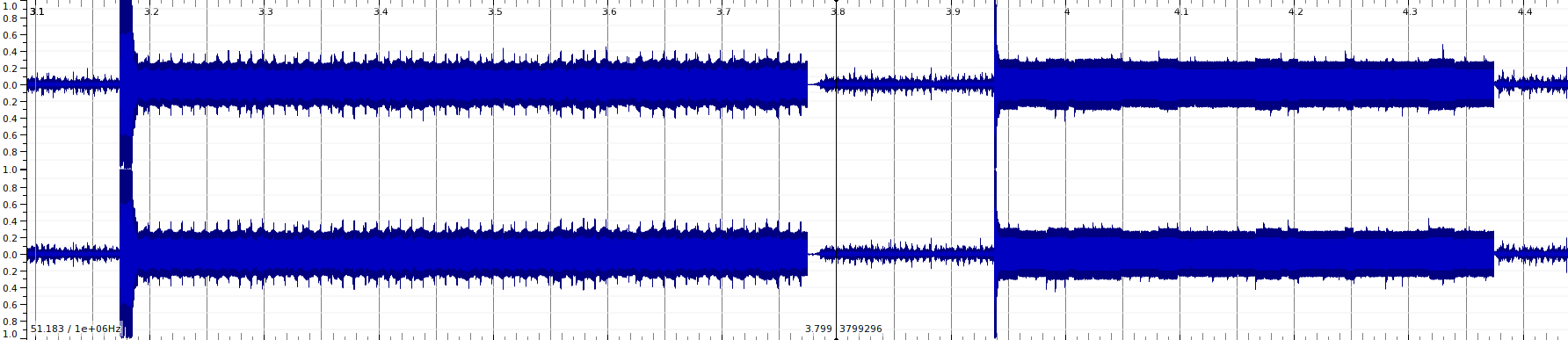 Waveform showing two channels of silence followed by a short loud burst and a longer textured section, repeated twice