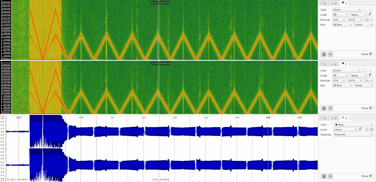 Waveform for context, and spectrogram showing that the high energy pulse is zigzagging up and down in frequency during the data transmission