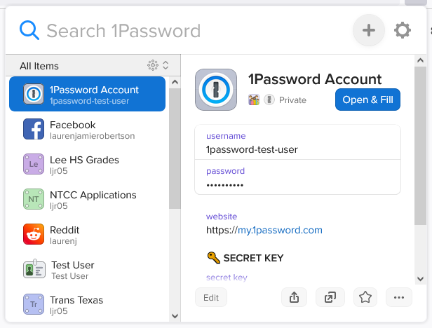 Screenshot of 1Password browser addon, showing site logins with the site icon next to them