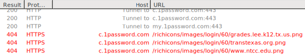 Fiddler request log, showing icon requests to c.1password.com for domains like ntcc.edu and transtexas.org