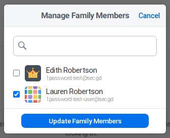 “Manage Family Members” dialog, offering the family organizer a checkbox to add themselves to the vault