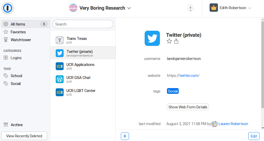 Vault contents screenshot, showing credentials for trans and LGBT resources, and a twitter account with a name other than the family member’s given name