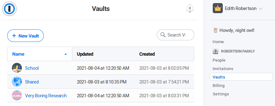 Vaults page, as seen by the family organizer, showing the &ldquo;Shared&rdquo; vault as well as &ldquo;School&rdquo; and &ldquo;Very Boring Researh&rdquo; from the family member&rsquo;s account