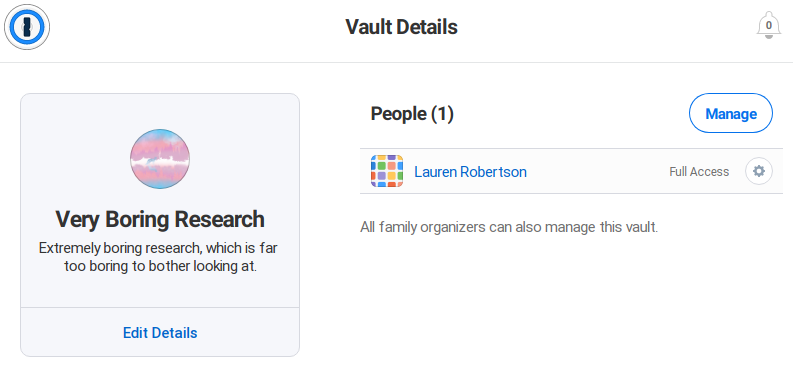 Vault Details page as seen by the administrator, with a &ldquo;Manage&rdquo; button above the list of authorized users