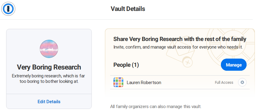 Vault Details page showing “All family organizers can also manage this vault” under the People section