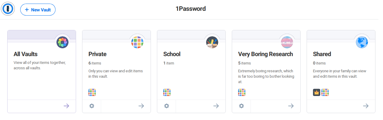 Vault list displayed in 1Password: Private, Shared, School, and &ldquo;Very Boring Research&rdquo; which has a subtle transgender pride flag icon